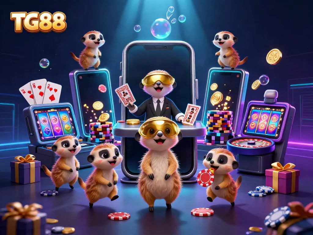 Experience thrilling gaming at TG88's lively casino, featuring dynamic meerkat dealers and colorful slot games.