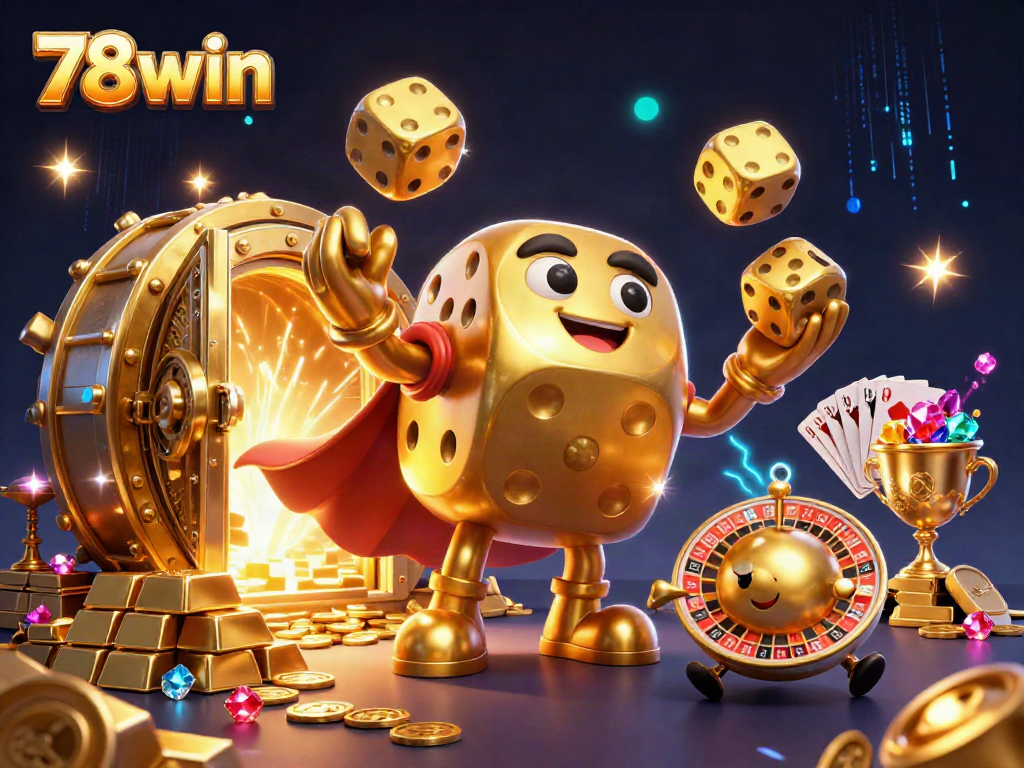 Interact with the excitement of 78win through a vibrant 3D casino scene showcasing golden dice, treasures, and more.