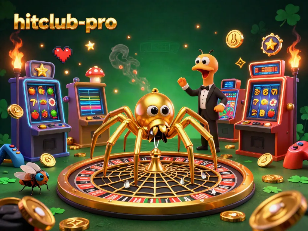 Engage in immersive gaming with hitclub-pro featuring a golden roulette web and colorful slot machines.