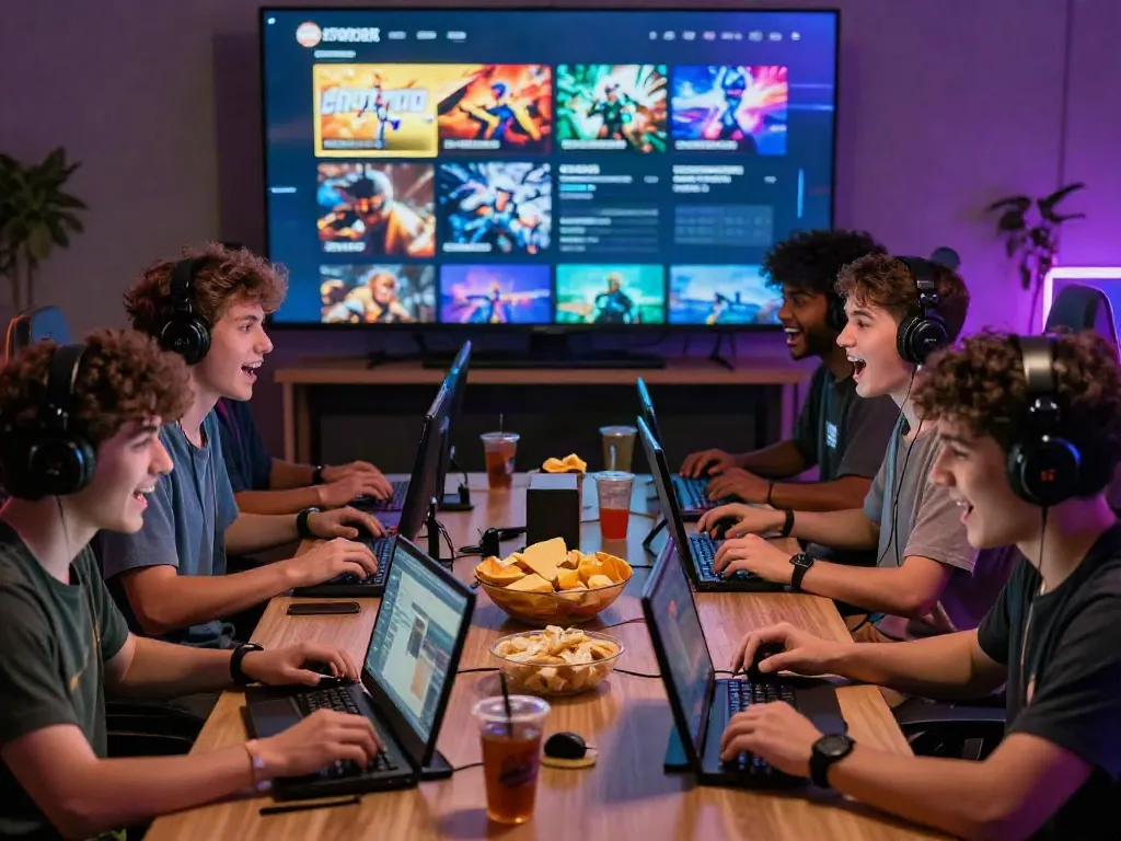 Kilat404 gaming scene with friends immersed in multiplayer games, showcasing excitement and vibrant graphics.