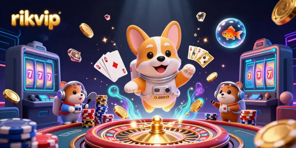 Experience thrilling action at rikvip, featuring a dynamic scene with a corgi astronaut and vibrant casino elements.