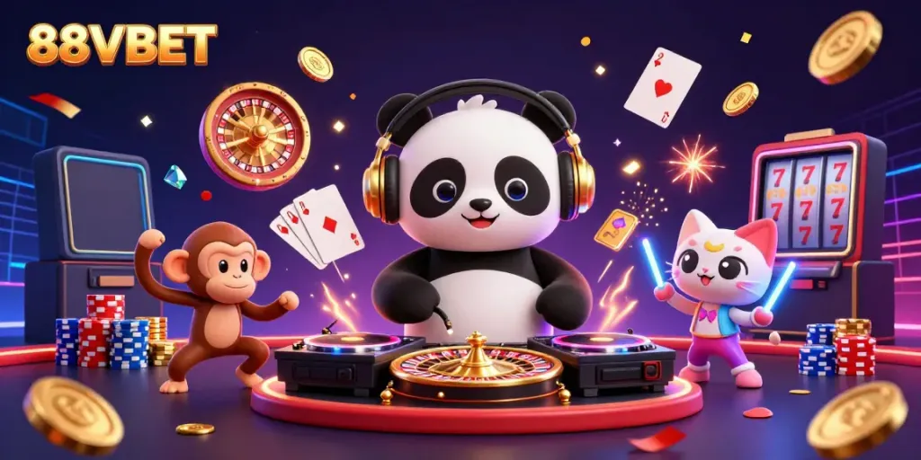 Experience the excitement of 88VBET with this vibrant 3D casino illustration showcasing animated characters and sparkling game elements.