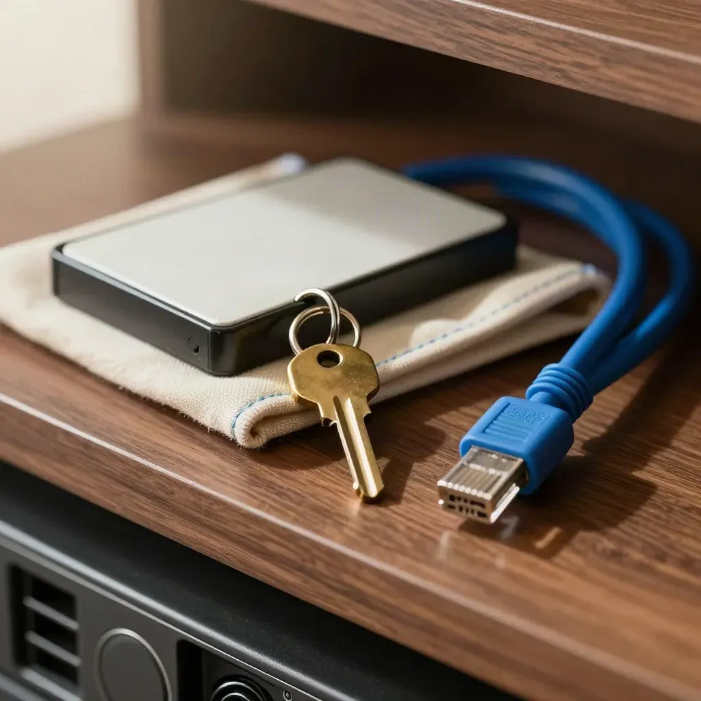 Mosiężna zawieszka, backup drive w pokrowcu i zwinięty kabel Ethernet na jasnym drewnie.