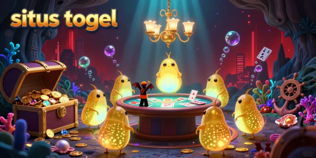 This lively illustration captures situs togel gameplay within a cave casino, illuminated by glowing glowworms and surrounded by treasures.
