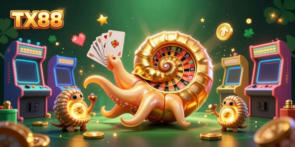 Experience the excitement of TX88 casino with a luminous nautilus roulette wheel and vibrant game elements.