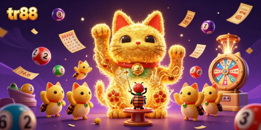 Engage with the vibrant atmosphere of tr88 as a lucky cat conjures fortune with colorful lottery elements.