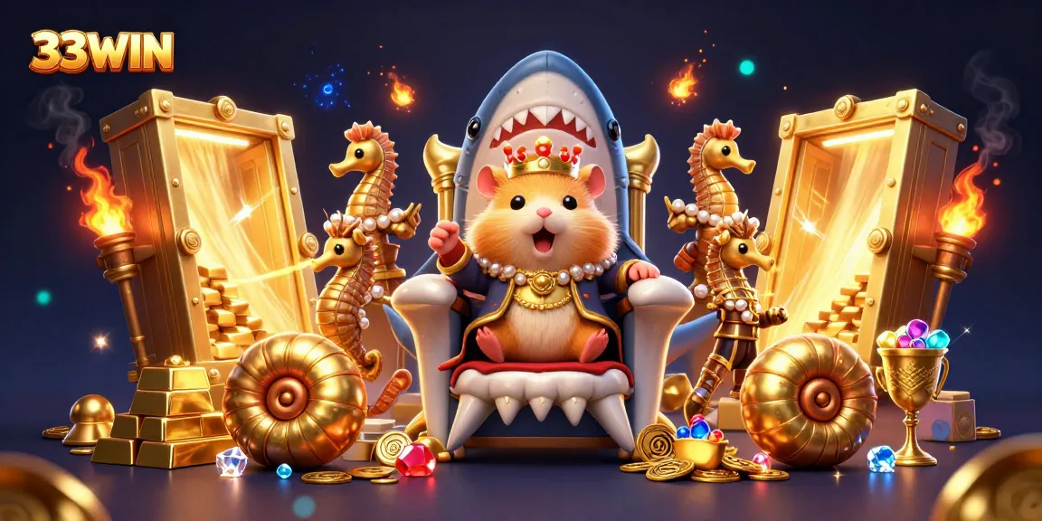 Engage in thrilling gambling with 33WIN, featuring a majestic hamster king amidst gold treasures.
