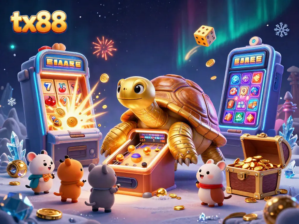 Spin and win with tx88's vibrant casino arcade featuring a golden tortoise pinball machine.