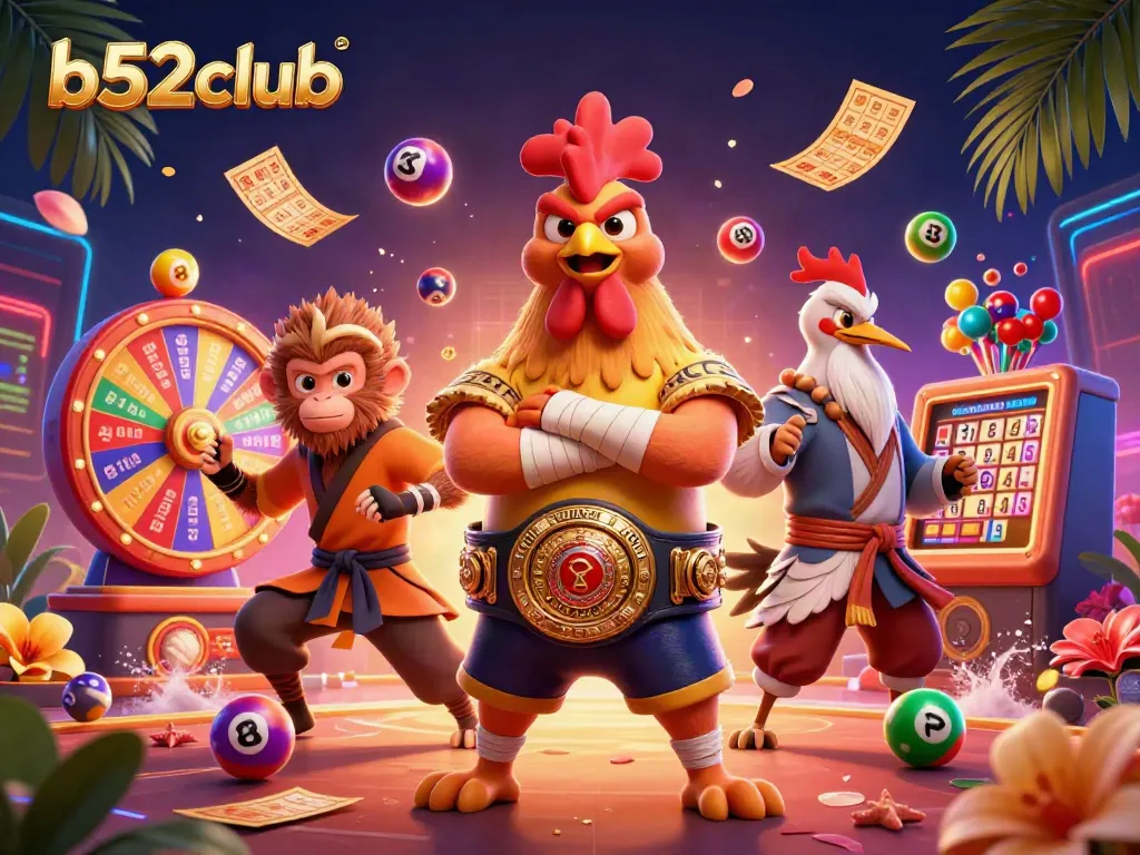 Join the excitement at b52club with vibrant, dynamic casino illustration showcasing colorful lottery elements and energetic characters.
