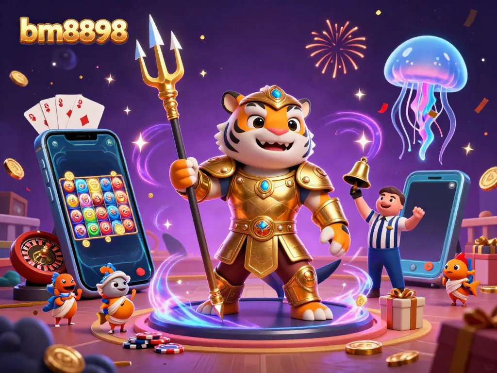 Spin to win with bm8898: A lively underwater casino scene featuring a tiger shark and slot game elements.