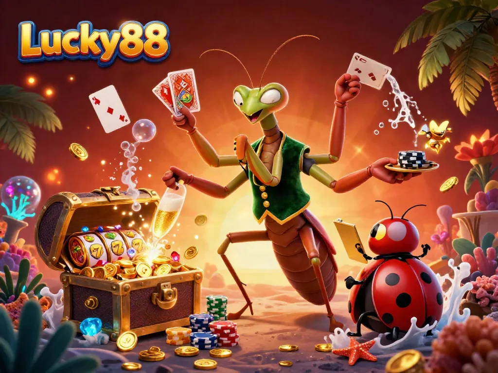 Experience thrills at Lucky88, featuring vibrant characters and slot elements in a dynamic casino scene.