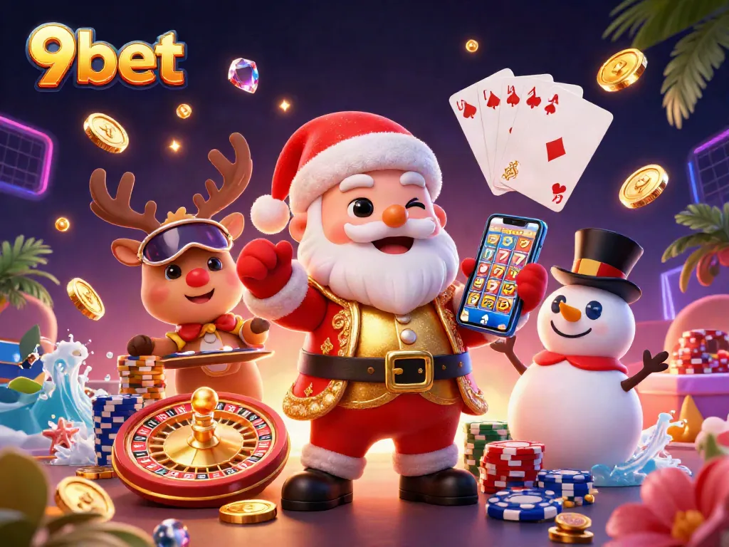 Spin your luck with 9bet's festive casino scene showcasing Santa and friends