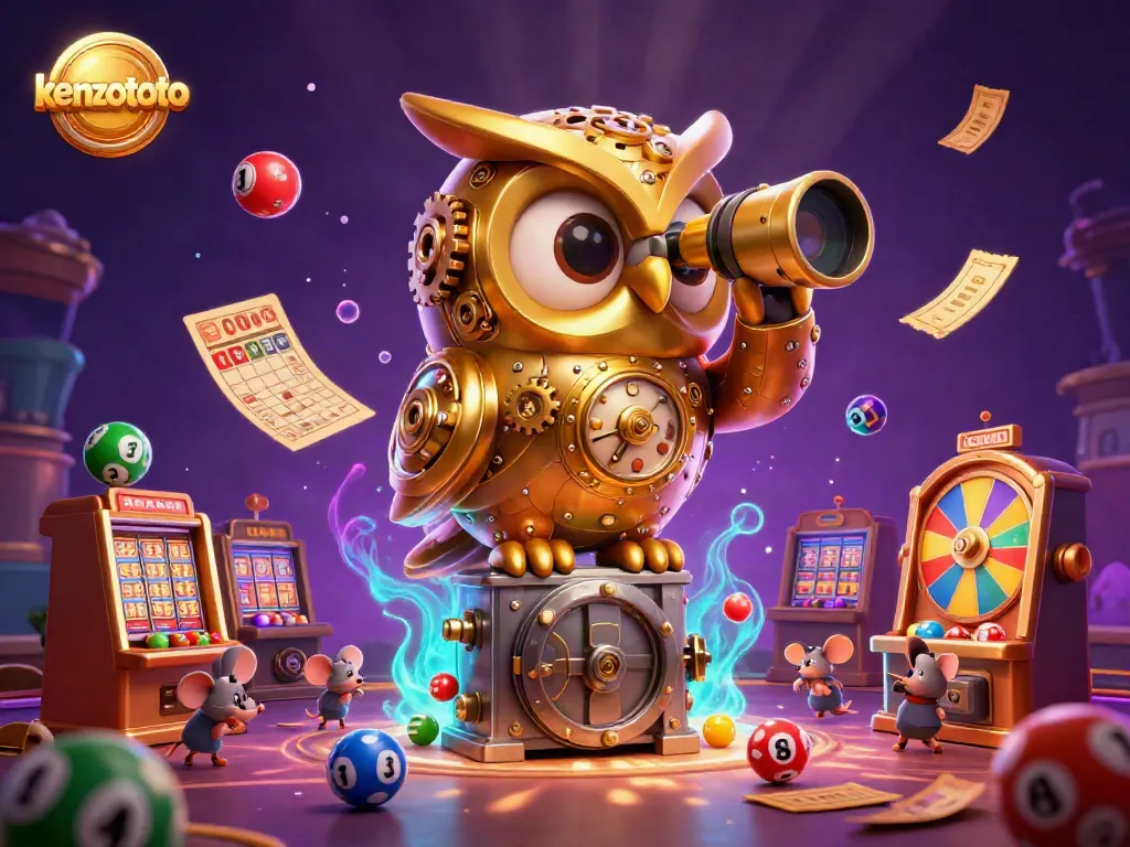Kenzototo's vibrant casino scene showcases a clockwork owl and lively game elements.