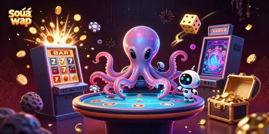 Soi cầu wap reveals advanced lottery insights with a dazzling alien octopus at a glowing poker table amidst exploding slot machines.