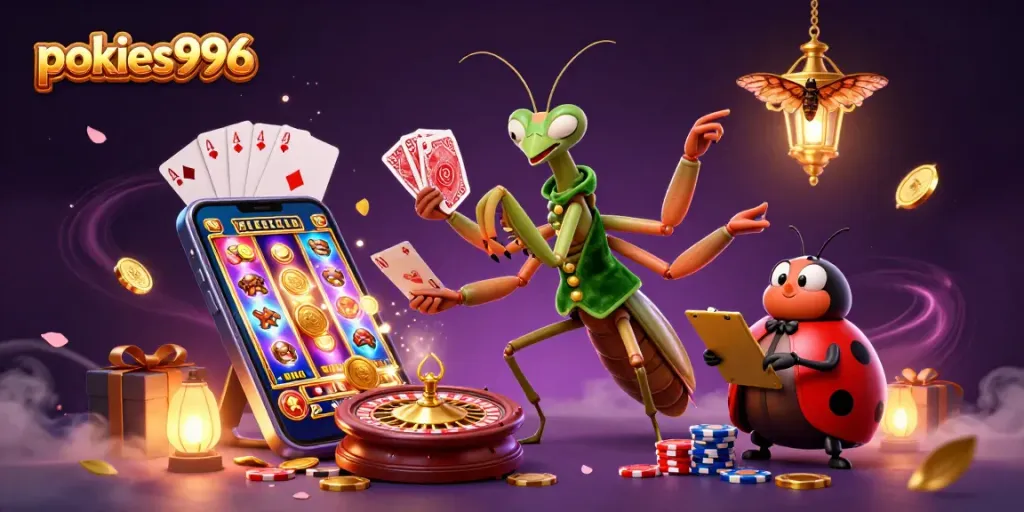 Experience thrilling gameplay at pokies996 with giant mantis dealer and ladybug pit boss.