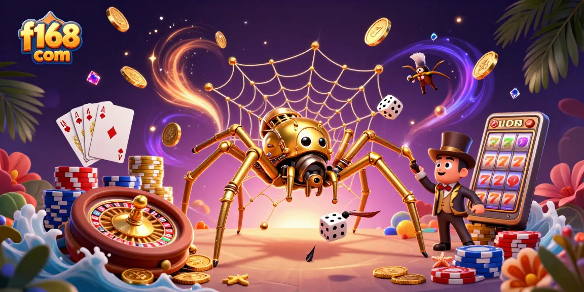 Play games and win at f168 com with a stunning 3D casino illustration featuring steampunk elements and vibrant gaming visuals.