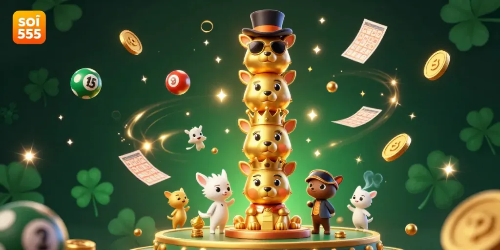 Soi cầu 555 showcases vibrant lottery-themed 3D characters and elements, depicting an exciting gambling scene.