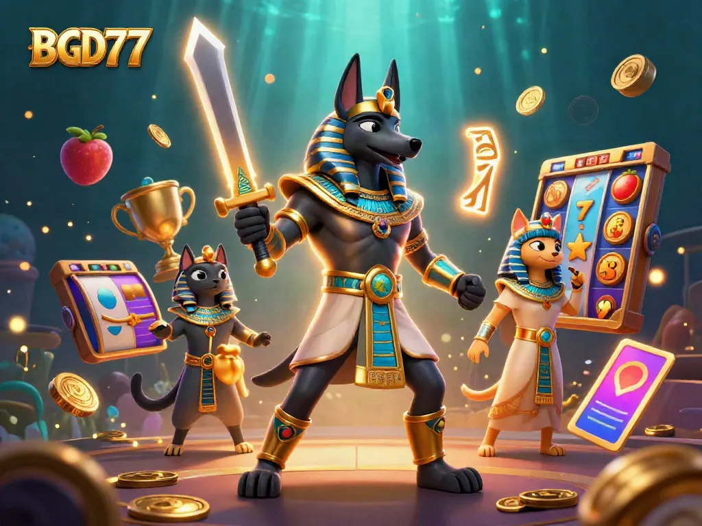 Experience the thrilling world of BGD77 casino slots with Anubis and Bastet under dynamic visuals.