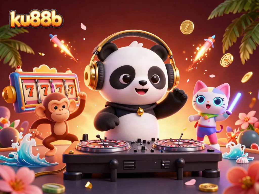 ku88b showcases a lively casino scene with DJ panda and slot elements spinning joyously.