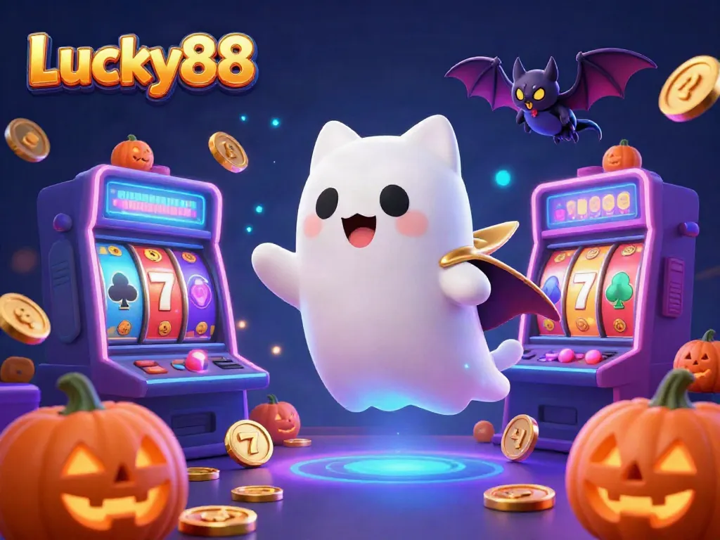 Engage with the vibrant Lucky88 online casino through a whimsical 3D scene featuring a ghost cat, vampire bat, and glowing slot machines.