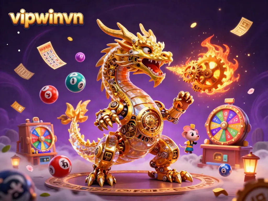 Engage in thrilling gameplay with vipwinvn as the golden dragon breathes gears and cogs surrounded by lottery excitement.