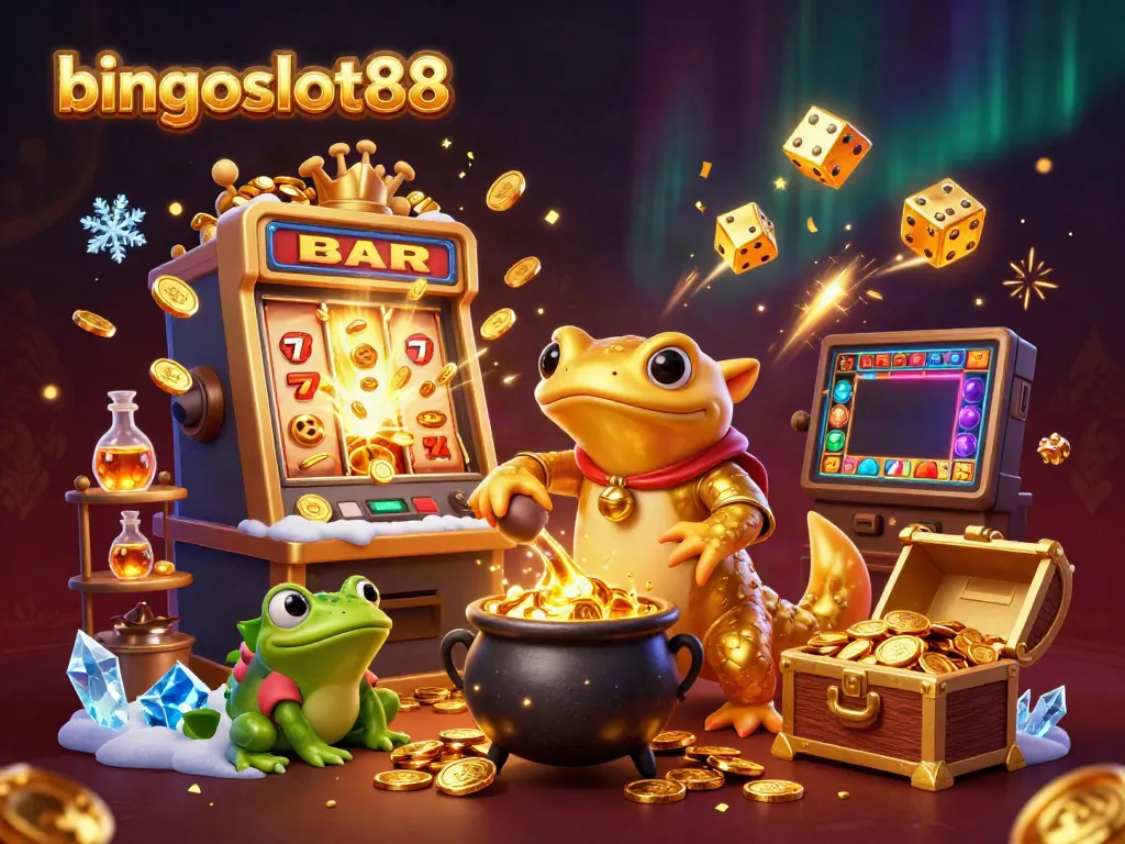 Bergabunglah dengan bingoslot88 dalam aksi slot yang penuh warna dan keberuntungan dengan salaman emas, kodok, dan ikan salamander.