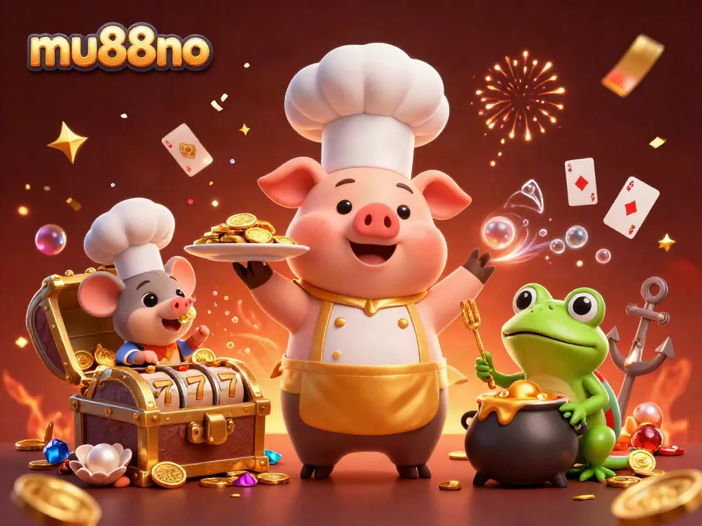 Experience winning moments with mu88no as cartoon characters celebrate over gold coins and casino delights.