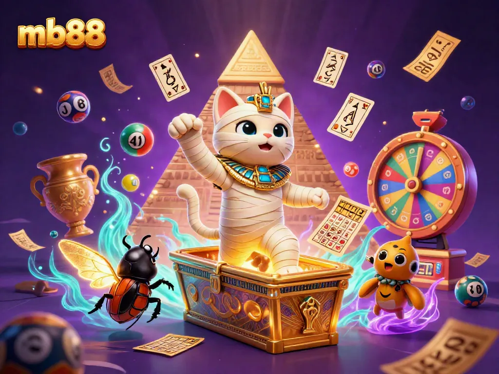 Experience thrilling gameplay at mb88 with a 3D cartoon mummy cat in a vibrant casino scene.
