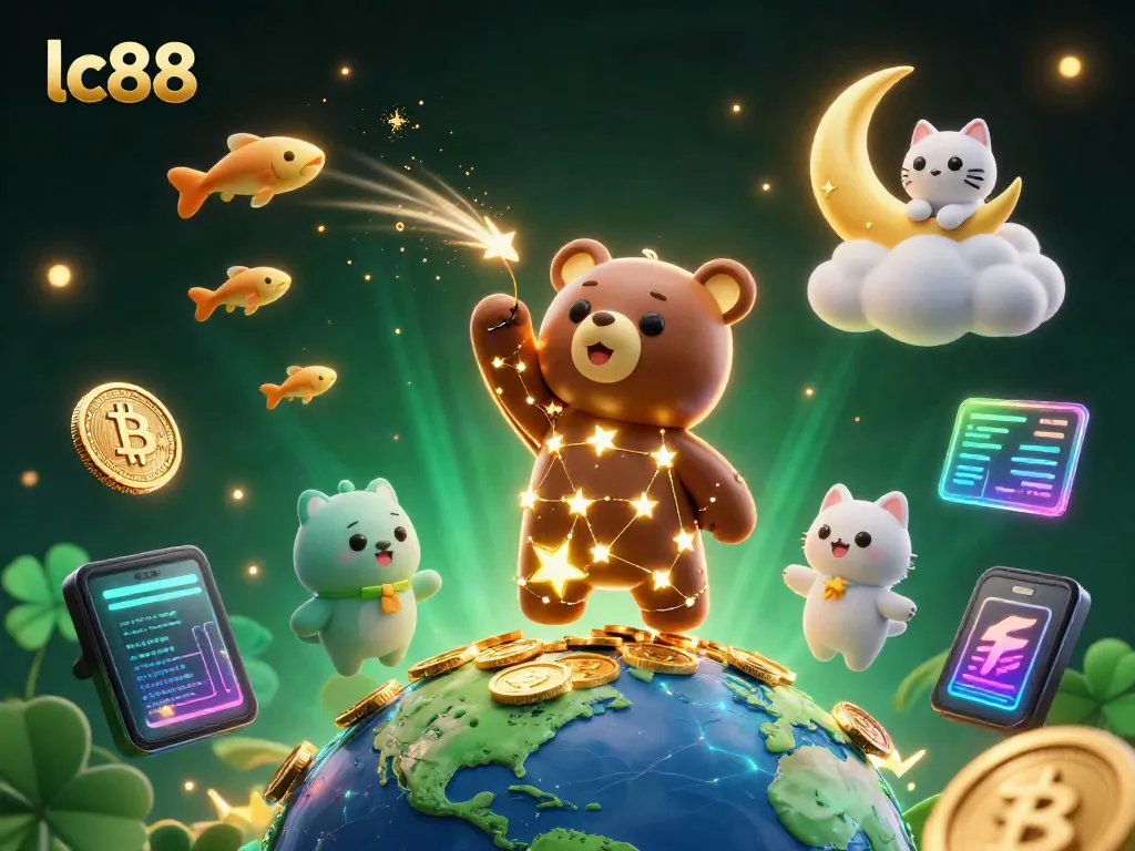 Play exciting games with lc88's immersive casino elements surrounded by crypto-themed visuals.