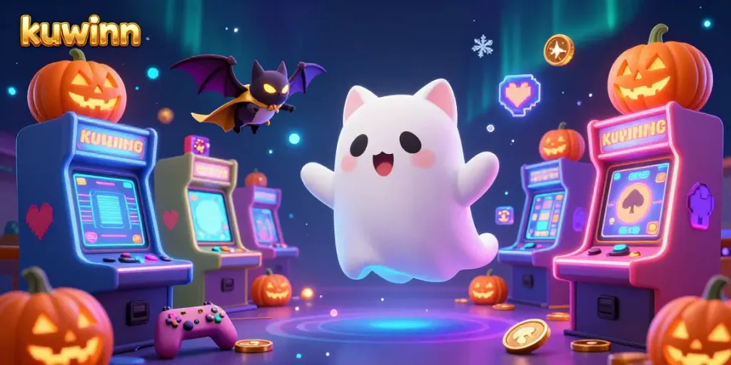 Kuwinn showcases lively casino adventures featuring a ghost cat and bat amidst slot machines and glowing decorations.