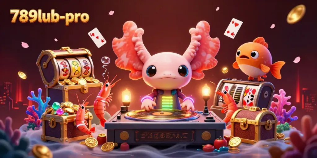 Experience the lively underwater casino scene with 789lub-pro featuring a neon axolotl DJ, colorful gems, and floating slot reels.