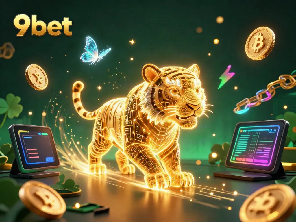 Experience thrilling games at 9bet with a captivating digital casino scene featuring neon visuals and cryptocurrency excitement.