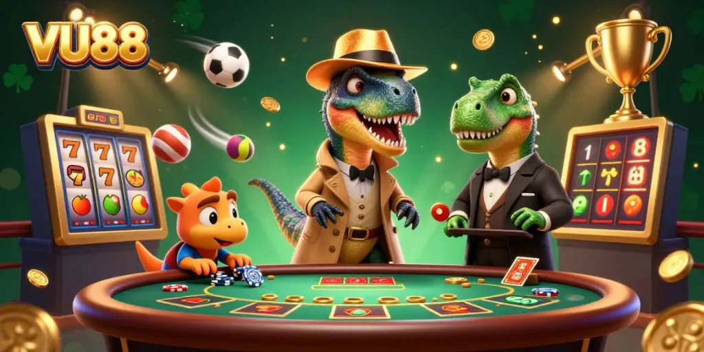 Experience the thrill of VU88 with vibrant slot games and animated characters in action.
