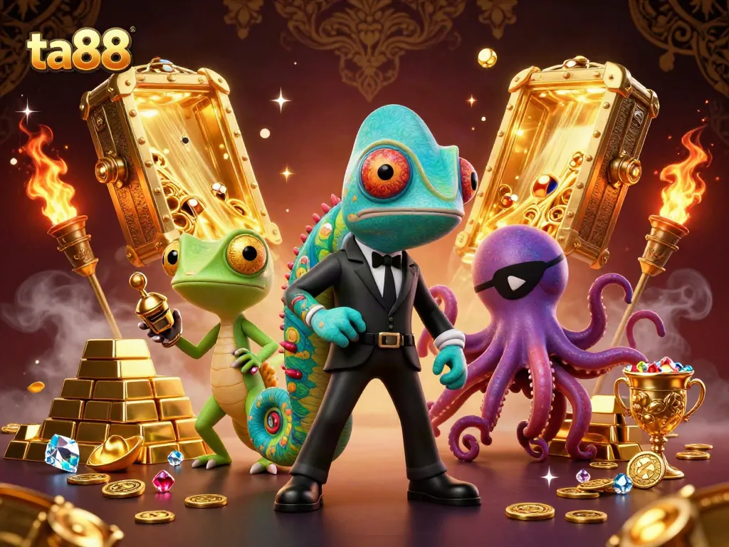 Join the excitement at ta88 with a colorful chameleon, tech-savvy gecko, and cunning octopus amidst dazzling treasures.