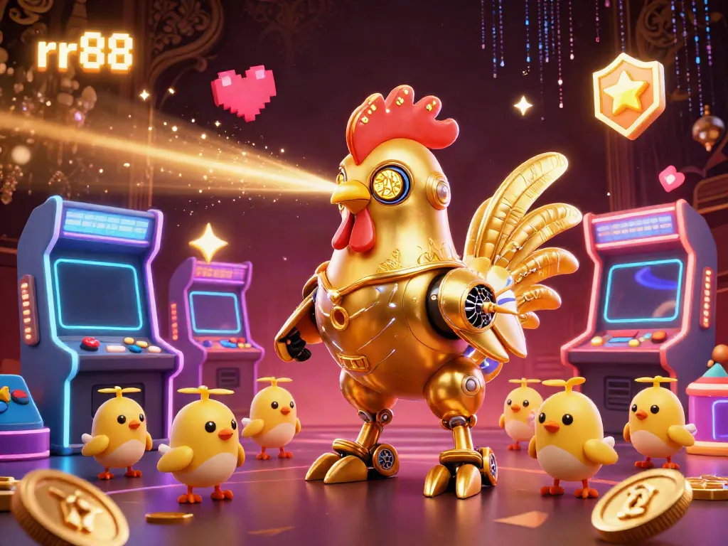 Experience the thrilling RR88 casino action with a golden robotic rooster leading a crew of drones in a vibrant gaming scene.