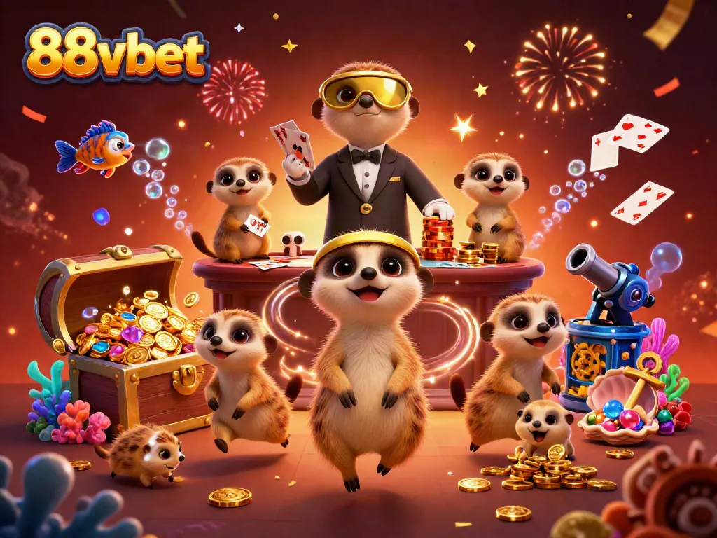 Meerkats at the 88vbet casino, celebrating wins with colorful gems, coins, and festive decorations.