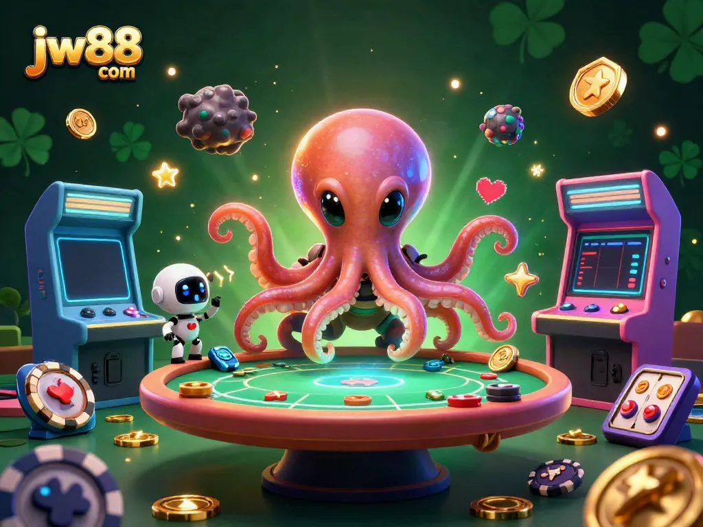 Engage with fun games at jw88 com featuring an alien octopus operating a poker table with festive elements.