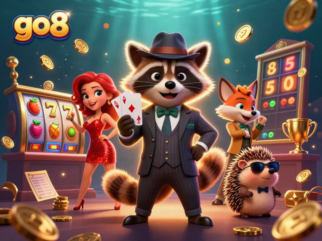 Engage with go8 casino action featuring a suave raccoon and friends celebrating a big win.