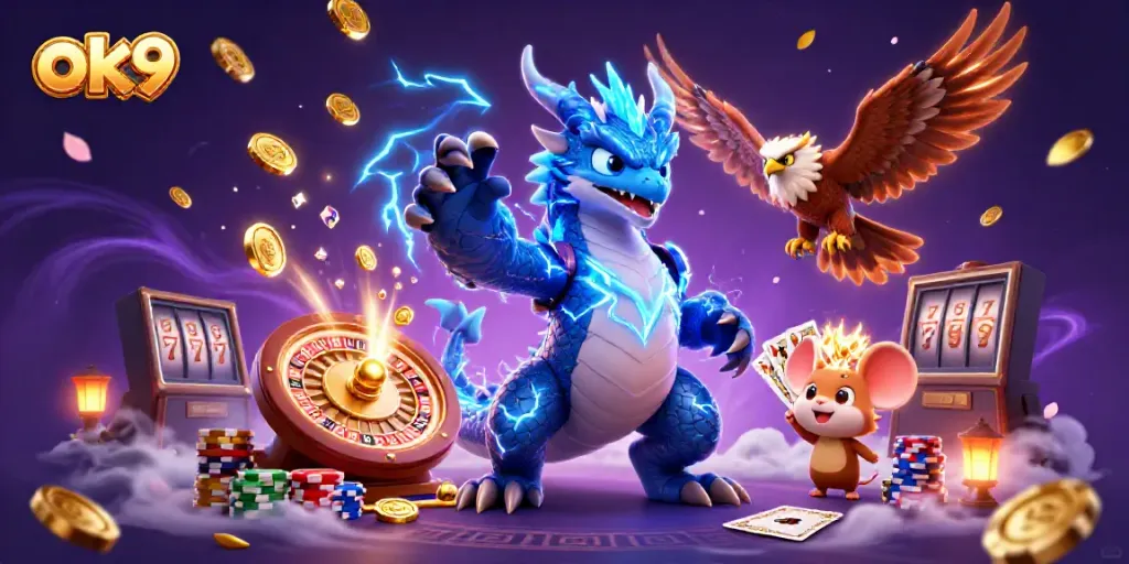 Experience thrilling gameplay with ok9, featuring a thunder dragon amidst flying coins and vibrant casino elements.