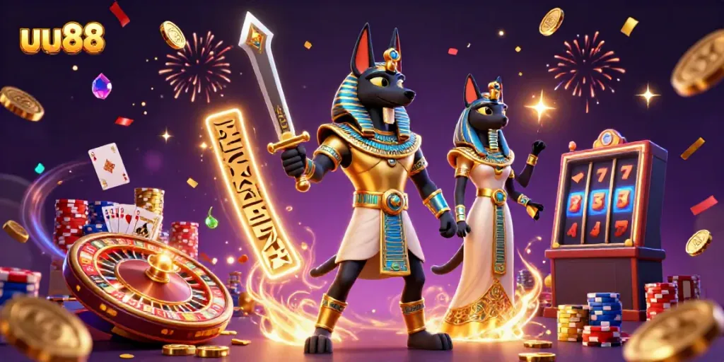 Experience the thrill of uu88 with ancient warriors, gold coins, and vibrant casino elements.