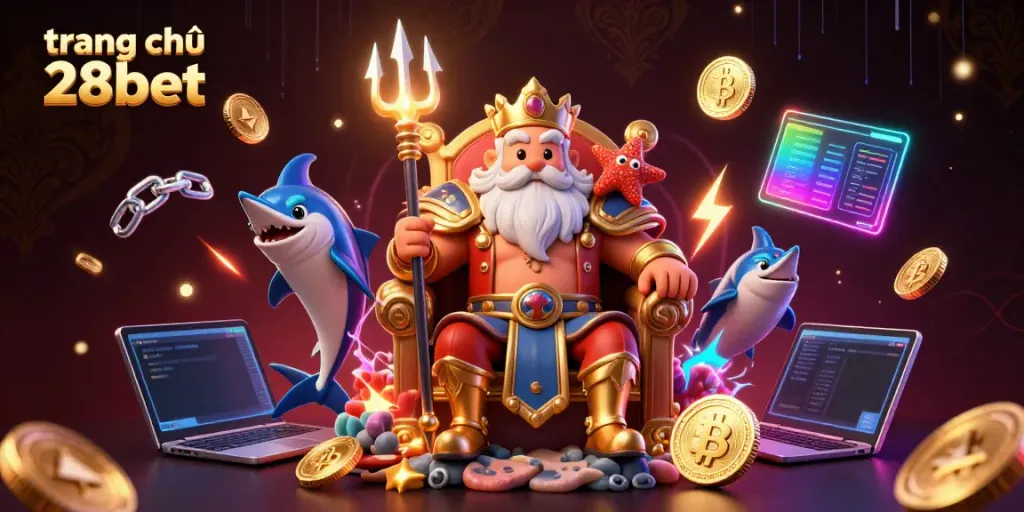 Engage with the vibrant world of trang chủ 28bet, featuring cartoon Neptune, neon coins, and crypto elements.