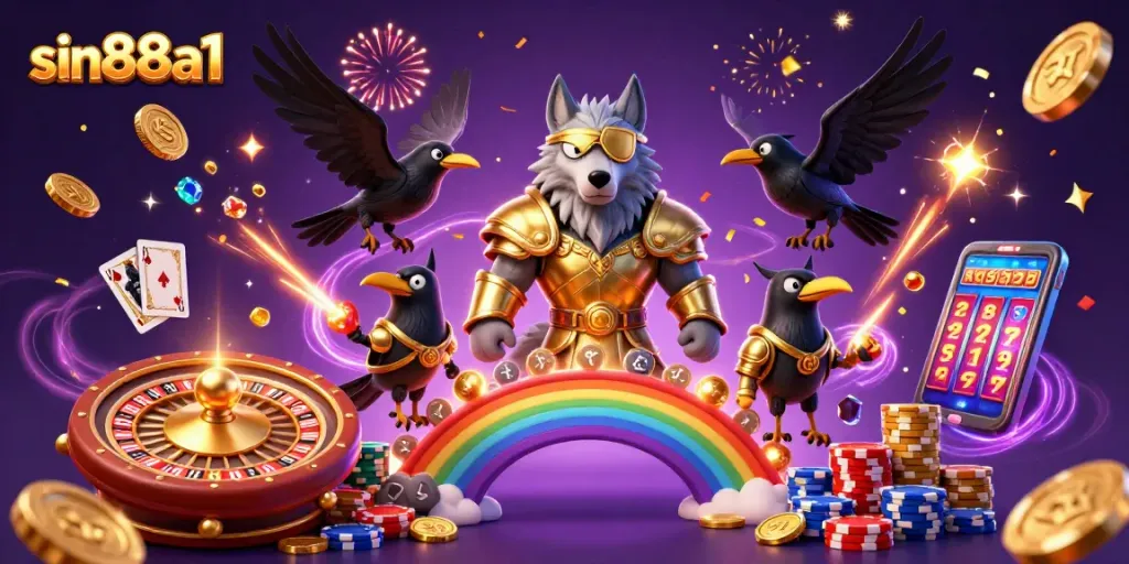 Experience thrilling wins on sin88a1 with vibrant casino-themed illustration showcasing iconic characters.