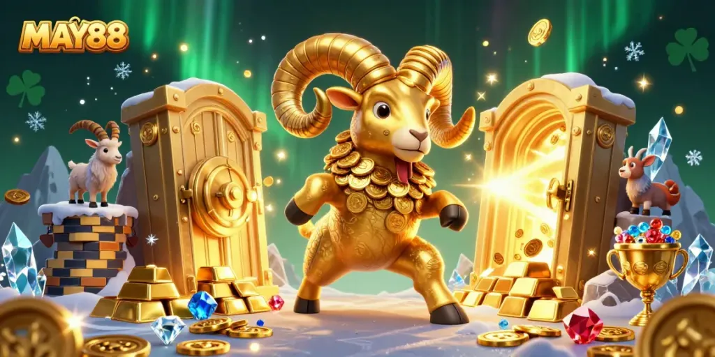 MAY88 showcases a golden ram charging through a treasure vault, symbolizing wealth and excitement in online gaming.