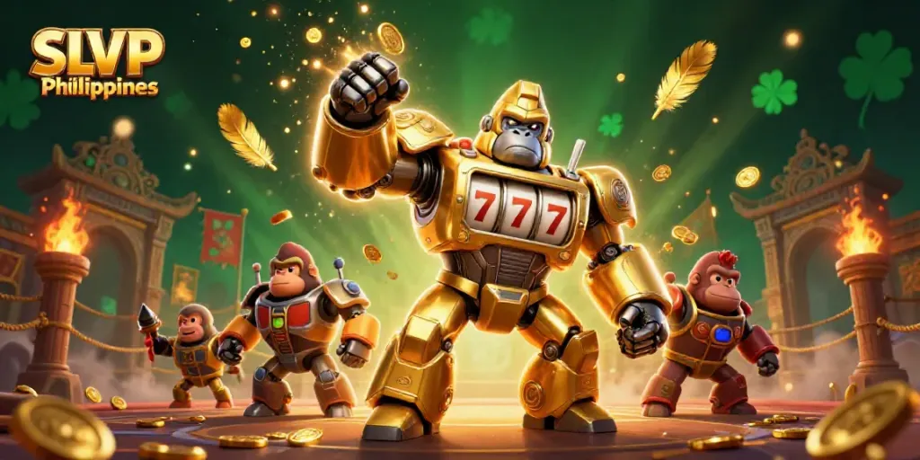 Experience the excitement of SLVIP Philippines with a dynamic scene featuring a golden gorilla mech and vibrant casino elements.