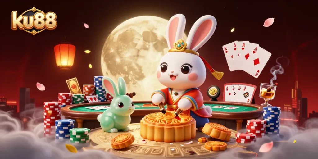 ku88 entertains with a vibrant 3D scene of moon rabbit and poker chips amidst casino elements