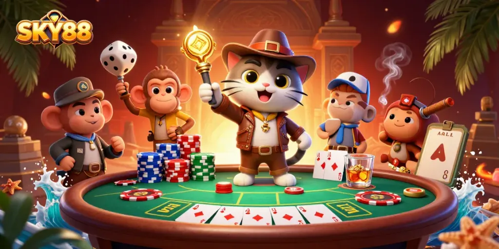 Engage with SKY88 and experience the thrill of casino adventures with a playful cat explorer.
