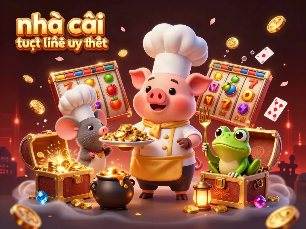 Engaging scene illustrating nhà cái trực tuyến uy tín with vibrant casino characters, coins, and game elements.