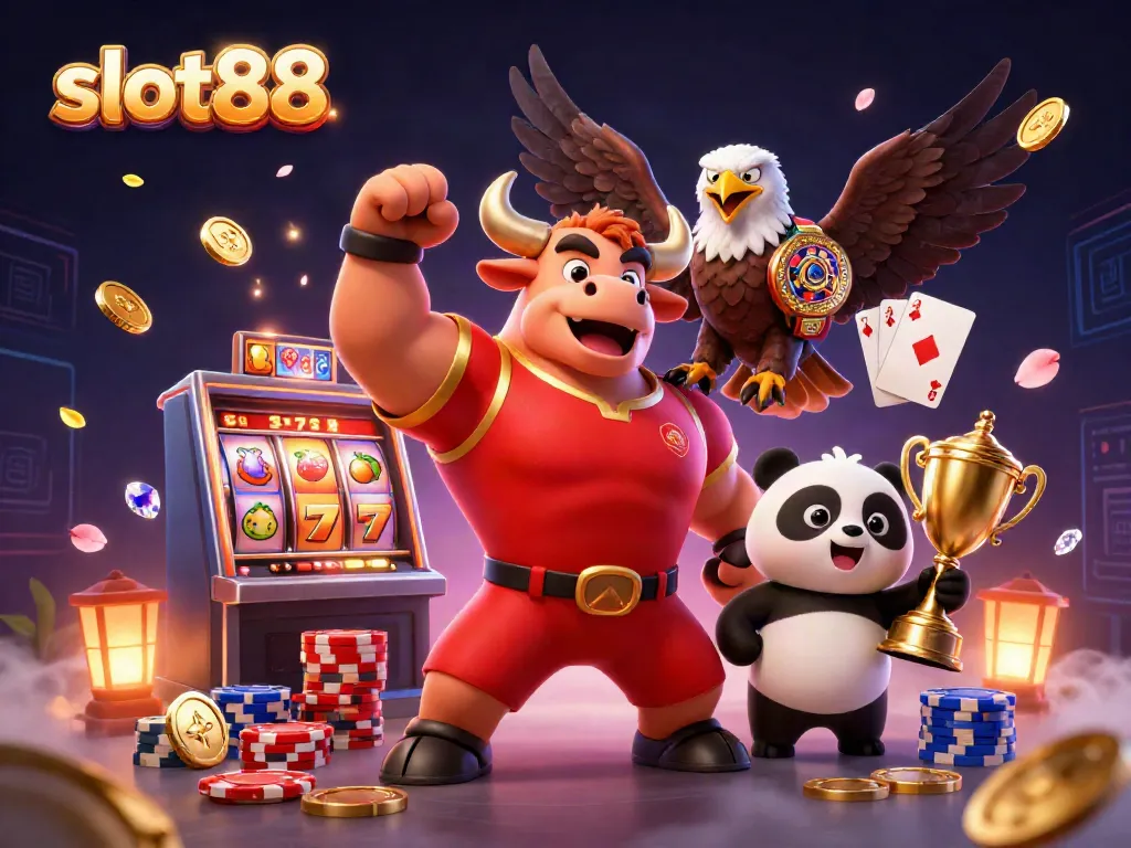 Slot88 menampilkan karakter kuda jantan merayakan kemenangan di kasino dengan simbol keberuntungan.