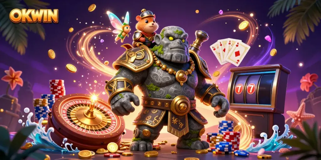 Experience thrilling gaming adventures with OKWIN's vibrant 3D casino scene, featuring magical characters and exciting elements.