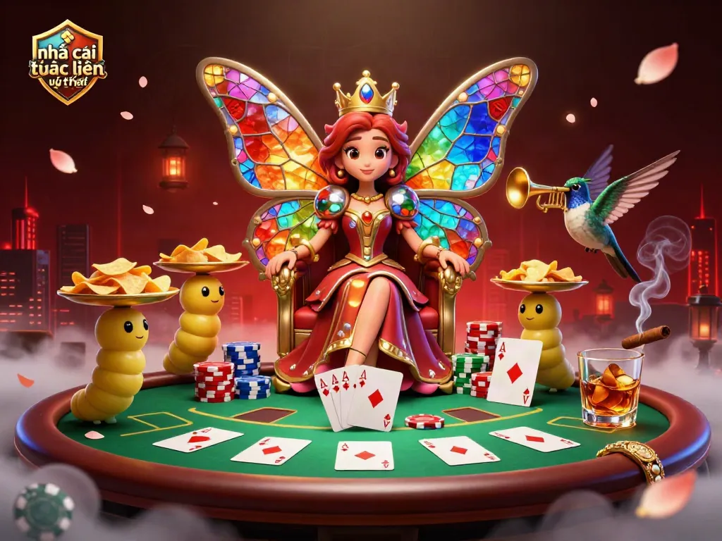 Engage with nhà cái trực tuyến uy tín in this vibrant 3D scene of a butterfly queen amidst enchanting gambling elements.